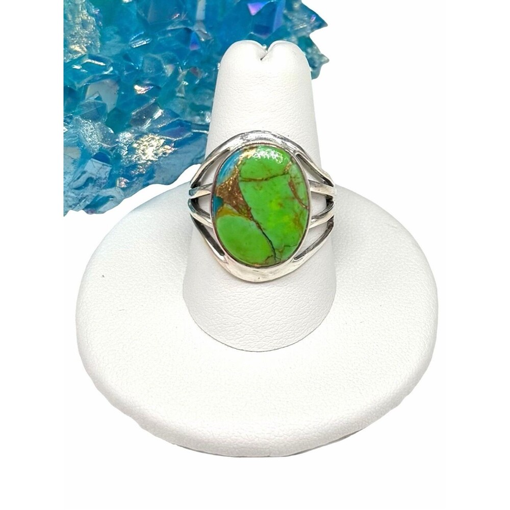 Green & Blue Mohave Turquoise Ring Size 8.5 Solid 925 Sterling Silver Oval
